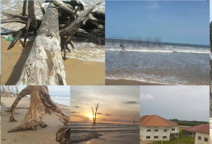 A photographic panel showing coastal landscapes and waterways.