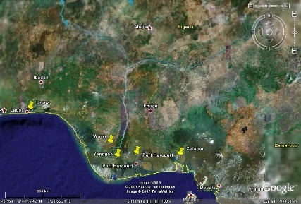 Map of the Nigerian coastline and coastal sampling locations.