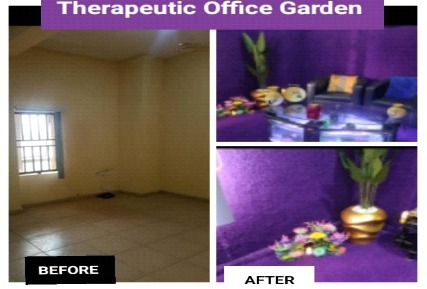 A before-and-after photographic panel of a therapeutic office garden.
