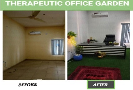 Before-and-after views of office spaces in the therapeutic garden section.