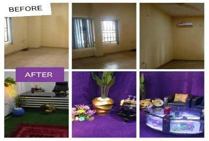 A four-image panel documenting changes to an indoor garden space.